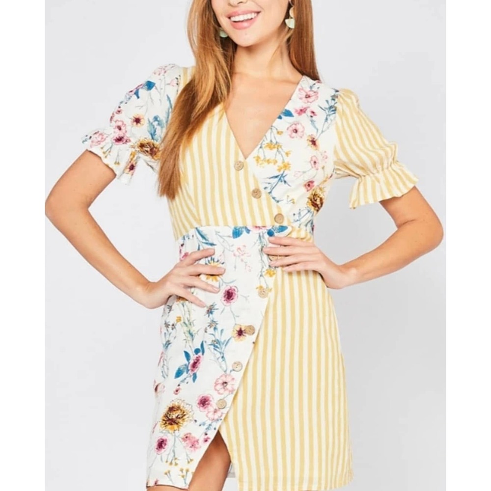 Entro Colorblock Floral Stripe‎ Mini Dress Button Front V Neck Short Sleeve Sz M